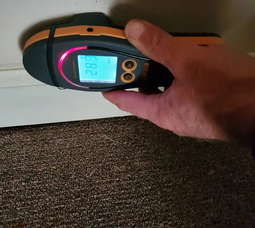 Moisture detection at baseboard during Storm Damage Restoration in Belle Haven